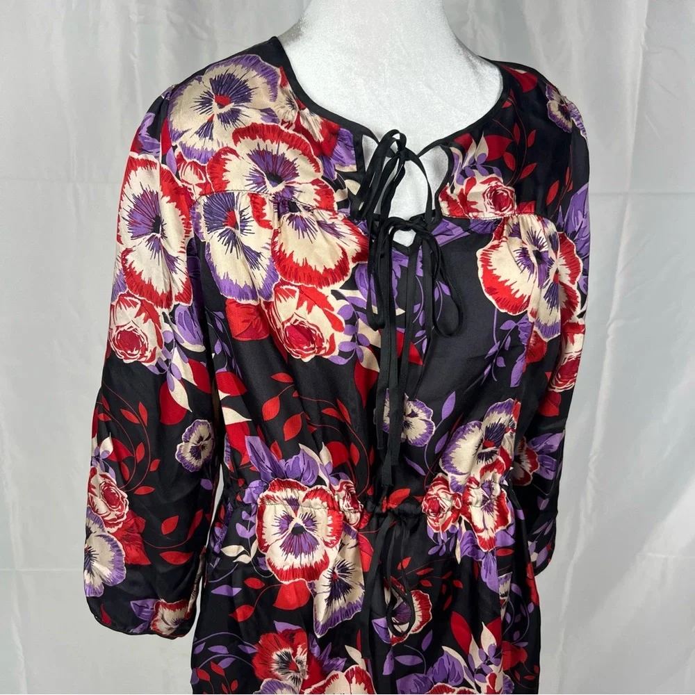 Johnny Was 100% silk floral patterned dress with drawstring waist.